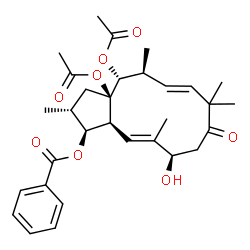 ChemSpider 2D Image | (1S,2R,3aR,4R,5S,6E,11R,12E,13aS)-3a,4-Diacetoxy-11-hydroxy-2,5,8,8,12-pentamethyl-9-oxo-2,3,3a,4,5,8,9,10,11,13a-decahydro-1H-cyclopenta[12]annulen-1-yl benzoate | C31H40O8