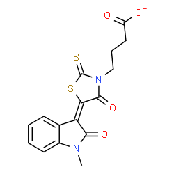 ChemSpider 2D Image | 4-[(5E)-5-(1-Methyl-2-oxo-1,2-dihydro-3H-indol-3-ylidene)-4-oxo-2-thioxo-1,3-thiazolidin-3-yl]butanoate | C16H13N2O4S2