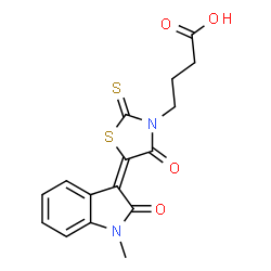 ChemSpider 2D Image | 4-[(5E)-5-(1-Methyl-2-oxo-1,2-dihydro-3H-indol-3-ylidene)-4-oxo-2-thioxo-1,3-thiazolidin-3-yl]butanoic acid | C16H14N2O4S2