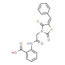ChemSpider 2D Image | 2-({[(5E)-5-Benzylidene-2-oxo-4-thioxo-1,3-thiazolidin-3-yl]acetyl}amino)benzoic acid | C19H14N2O4S2
