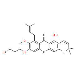 ChemSpider 2D Image | 9-(3-Bromopropoxy)-5-hydroxy-8-methoxy-2,2-dimethyl-7-(3-methyl-2-buten-1-yl)-2H,6H-pyrano[3,2-b]xanthen-6-one | C27H29BrO6