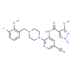 ChemSpider 2D Image | N-{5-Cyano-2-[4-(3-fluoro-2-methoxybenzyl)-1-piperazinyl]-3-pyridinyl}-3-methoxy-1-methyl-1H-pyrazole-4-carboxamide | C24H26FN7O3
