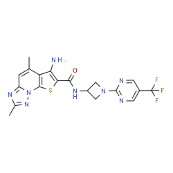 ChemSpider 2D Image | 6-Amino-2,5-dimethyl-N-{1-[5-(trifluoromethyl)-2-pyrimidinyl]-3-azetidinyl}thieno[3,2-e][1,2,4]triazolo[1,5-a]pyridine-7-carboxamide | C19H17F3N8OS