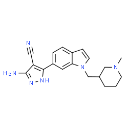 ChemSpider 2D Image | 3-Amino-5-{1-[(1-methyl-3-piperidinyl)methyl]-1H-indol-6-yl}-1H-pyrazole-4-carbonitrile | C19H22N6