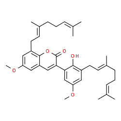ChemSpider 2D Image | 8-[(2E)-3,7-Dimethyl-2,6-octadien-1-yl]-3-{3-[(2E)-3,7-dimethyl-2,6-octadien-1-yl]-2-hydroxy-5-methoxyphenyl}-6-methoxy-2H-chromen-2-one | C37H46O5