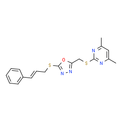 ChemSpider 2D Image | 4,6-Dimethyl-2-{[(5-{[(2E)-3-phenyl-2-propen-1-yl]sulfanyl}-1,3,4-oxadiazol-2-yl)methyl]sulfanyl}pyrimidine | C18H18N4OS2