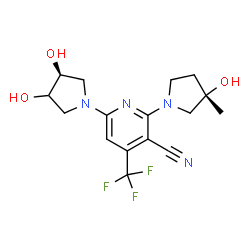 ChemSpider 2D Image | 6-[(3S)-3,4-Dihydroxy-1-pyrrolidinyl]-2-[(3S)-3-hydroxy-3-methyl-1-pyrrolidinyl]-4-(trifluoromethyl)nicotinonitrile | C16H19F3N4O3