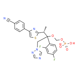 ChemSpider 2D Image | {[(3R)-3-[4-(4-Cyanophenyl)-1,3-thiazol-2-yl]-2-(2,4-difluorophenyl)-1-(1H-1,2,4-triazol-1-yl)-2-butanyl]oxy}methyl dihydrogen phosphate | C23H20F2N5O5PS