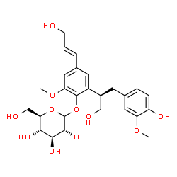 ChemSpider 2D Image | 2-[(2R)-1-Hydroxy-3-(4-hydroxy-3-methoxyphenyl)-2-propanyl]-4-[(1E)-3-hydroxy-1-propen-1-yl]-6-methoxyphenyl D-glucopyranoside | C26H34O11