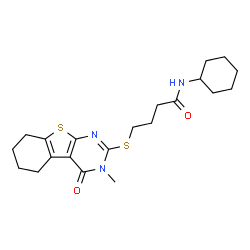 ChemSpider 2D Image | N-Cyclohexyl-4-[(3-methyl-4-oxo-3,4,5,6,7,8-hexahydro[1]benzothieno[2,3-d]pyrimidin-2-yl)sulfanyl]butanamide | C21H29N3O2S2