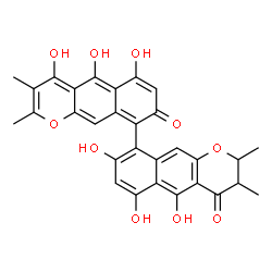 ChemSpider 2D Image | 4',5,5',6,6',8-Hexahydroxy-2,2',3,3'-tetramethyl-2,3-dihydro-4H,8'H-9,9'-bibenzo[g]chromene-4,8'-dione | C30H24O10