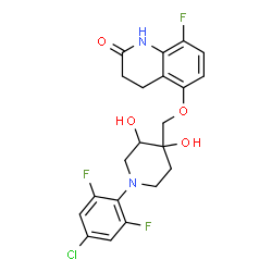 ChemSpider 2D Image | 5-{[1-(4-Chloro-2,6-difluorophenyl)-3,4-dihydroxy-4-piperidinyl]methoxy}-8-fluoro-3,4-dihydro-2(1H)-quinolinone | C21H20ClF3N2O4