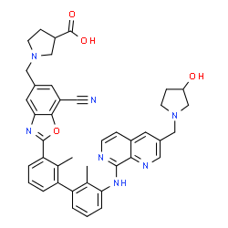 ChemSpider 2D Image | 1-({7-Cyano-2-[3'-({3-[(3-hydroxy-1-pyrrolidinyl)methyl]-1,7-naphthyridin-8-yl}amino)-2,2'-dimethyl-3-biphenylyl]-1,3-benzoxazol-5-yl}methyl)-3-pyrrolidinecarboxylic acid | C41H39N7O4