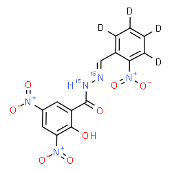 ChemSpider 2D Image | 2-Hydroxy-3,5-dinitro-N'-{(E)-[2-nitro(~2~H_4_)phenyl]methylene}(~15~N_2_)benzohydrazide | C14H5D4N315N2O8