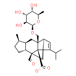 ChemSpider 2D Image | (1R,2S,4R,5R,8R,9S,11R)-2-{[(6-Deoxy-beta-D-altropyranosyl)oxy]methyl}-9-formyl-13-isopropyl-5-methyltetracyclo[7.4.0.0~2,11~.0~4,8~]tridec-12-ene-1-carboxylate | C26H37O8
