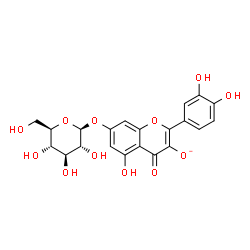 ChemSpider 2D Image | 2-(3,4-Dihydroxyphenyl)-7-(beta-D-glucopyranosyloxy)-5-hydroxy-4-oxo-4H-chromen-3-olate | C21H19O12