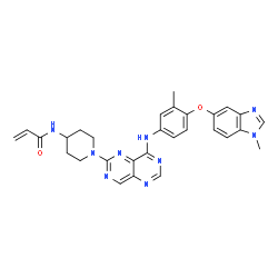 ChemSpider 2D Image | N-{1-[8-({3-Methyl-4-[(1-methyl-1H-benzimidazol-5-yl)oxy]phenyl}amino)pyrimido[5,4-d]pyrimidin-2-yl]-4-piperidinyl}acrylamide | C29H29N9O2