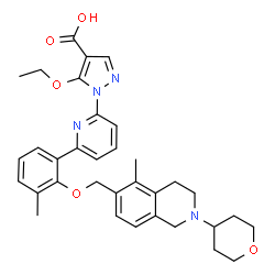 ChemSpider 2D Image | 5-Ethoxy-1-[6-(3-methyl-2-{[5-methyl-2-(tetrahydro-2H-pyran-4-yl)-1,2,3,4-tetrahydro-6-isoquinolinyl]methoxy}phenyl)-2-pyridinyl]-1H-pyrazole-4-carboxylic acid | C34H38N4O5