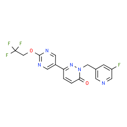 ChemSpider 2D Image | 2-[(5-Fluoro-3-pyridinyl)methyl]-6-[2-(2,2,2-trifluoroethoxy)-5-pyrimidinyl]-3(2H)-pyridazinone | C16H11F4N5O2