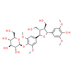 ChemSpider 2D Image | 4-[(2R,3S,4S,5R)-5-(4-Hydroxy-3,5-dimethoxyphenyl)-3,4-bis(hydroxymethyl)tetrahydro-2-furanyl]-2,6-dimethoxyphenyl beta-D-glucopyranoside | C28H38O14