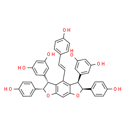 ChemSpider 2D Image | 5,5'-{(2S,3R,5R,6S)-2,6-Bis(4-hydroxyphenyl)-4-[(E)-2-(4-hydroxyphenyl)vinyl]-2,3,5,6-tetrahydrofuro[3,2-f][1]benzofuran-3,5-diyl}di(1,3-benzenediol) | C42H32O9