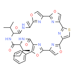 ChemSpider 2D Image | (20R)-20-[(2S)-2-Butanyl]-23-isopropyl-26-methylene-16-phenyl-3,11,15,28-tetraoxa-7-thia-19,22,25,30,31,32,33,34-octaazahexacyclo[25.2.1.1~2,5~.1~6,9~.1~10,13~.1~14,17~]tetratriaconta-1(29),2(34),4,6(
33),8,10(32),12,14(31),16,27(30)-decaene-18,21,24-trione | C35H32N8O7S