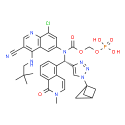 ChemSpider 2D Image | (Phosphonooxy)methyl [(S)-[1-(bicyclo[1.1.1]pent-1-yl)-1H-1,2,3-triazol-4-yl](2-methyl-1-oxo-1,2-dihydro-5-isoquinolinyl)methyl]{8-chloro-3-cyano-4-[(2,2-dimethylpropyl)amino]-6-quinolinyl}carbamate | C35H36ClN8O7P
