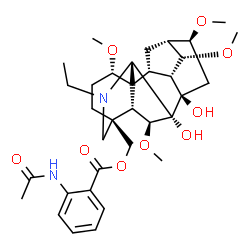 ChemSpider 2D Image | [(1alpha,6beta,14alpha,16beta,17R)-20-Ethyl-7,8-dihydroxy-1,6,14,16-tetramethoxyaconitan-4-yl]methyl 2-acetamidobenzoate | C34H48N2O9