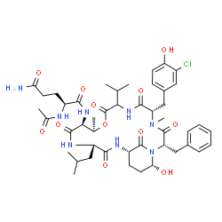 ChemSpider 2D Image | N~2~-Acetyl-N~1~-[(2S,5S,11R,12S,15S,18S,21R)-2-benzyl-5-(3-chloro-4-hydroxybenzyl)-21-hydroxy-15-isobutyl-8-isopropyl-4,11-dimethyl-3,6,9,13,16,22-hexaoxo-10-oxa-1,4,7,14,17-pentaazabicyclo[16.3.1]do
cos-12-yl]-L-glutamamide | C46H63ClN8O12