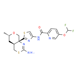 ChemSpider 2D Image | N-{2-[(4aS,6S,8aR)-2-Amino-6-methyl-4,4a,5,6-tetrahydropyrano[3,4-d][1,3]thiazin-8a(8H)-yl]-1,3-thiazol-4-yl}-5-(difluoromethoxy)-2-pyridinecarboxamide | C18H19F2N5O3S2