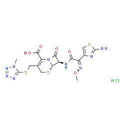 ChemSpider 2D Image | (6S,7R)-7-{[(2Z)-2-(2-Amino-1,3-thiazol-4-yl)-2-(methoxyimino)acetyl]amino}-3-{[(1-methyl-1H-tetrazol-5-yl)sulfanyl]methyl}-8-oxo-5-thia-1-azabicyclo[4.2.0]oct-2-ene-2-carboxylic acid hydrochloride (1
:1) | C16H18ClN9O5S3
