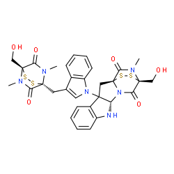 ChemSpider 2D Image | (1S,11S,14S)-14-(Hydroxymethyl)-3-(3-{[(1R,4S)-4-(hydroxymethyl)-5,7-dimethyl-6,8-dioxo-2,3-dithia-5,7-diazabicyclo[2.2.2]oct-1-yl]methyl}-1H-indol-1-yl)-18-methyl-15,16-dithia-10,12,18-triazapentacyc
lo[12.2.2.0~1,12~.0~3,11~.0~4,9~]octadeca-4,6,8-triene-13,17-dione | C31H30N6O6S4