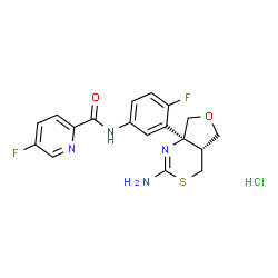 ChemSpider 2D Image | N-{3-[(4aR,7aS)-2-Amino-4a,5-dihydro-4H-furo[3,4-d][1,3]thiazin-7a(7H)-yl]-4-fluorophenyl}-5-fluoro-2-pyridinecarboxamide hydrochloride (1:1) | C18H17ClF2N4O2S