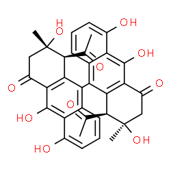 ChemSpider 2D Image | (1S,1'S,2R,2'S)-1,1'-Diacetyl-2,2',5,5',10,10'-hexahydroxy-2,2'-dimethyl-2,2',3,3'-tetrahydro-9,9'-bianthracene-4,4'(1H,1'H)-dione | C34H30O10