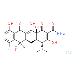 ChemSpider 2D Image | (4S,4aR,5aS,6R,12aS)-7-Chloro-4-(dimethylamino)-3,6,10,12,12a-pentahydroxy-6-methyl-1,11-dioxo-1,4,4a,5,5a,6,11,12a-octahydro-2-tetracenecarboxamide hydrochloride (1:1) | C22H24Cl2N2O8