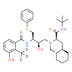 ChemSpider 2D Image | (3R,4aR,8aS)-2-[(2R,3R)-2-Hydroxy-3-{[3-hydroxy-2-(~2~H_3_)methylbenzoyl]amino}-4-(phenylsulfanyl)butyl]-N-(2-methyl-2-propanyl)decahydro-3-isoquinolinecarboxamide | C32H42D3N3O4S