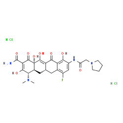 ChemSpider 2D Image | (4S,4aS,5aS,12aS)-4-(Dimethylamino)-7-fluoro-3,10,12,12a-tetrahydroxy-1,11-dioxo-9-[(1-pyrrolidinylacetyl)amino]-1,4,4a,5,5a,6,11,12a-octahydro-2-tetracenecarboxamide dihydrochloride | C27H33Cl2FN4O8