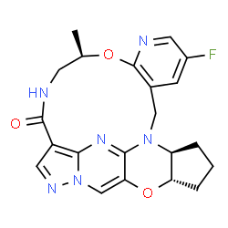 ChemSpider 2D Image | (3S,7S,17R)-12-Fluoro-17-methyl-2,16-dioxa-8,14,19,23,24,26-hexaazahexacyclo[22.3.1.0~3,7~.0~8,27~.0~10,15~.0~21,25~]octacosa-1(28),10,12,14,21(25),22,26-heptaen-20-one | C21H21FN6O3