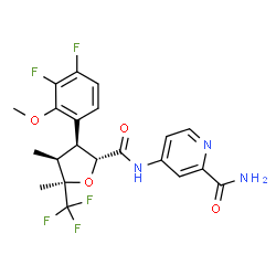 ChemSpider 2D Image | 4-({[(2R,3S,4S,5R)-3-(3,4-Difluoro-2-methoxyphenyl)-4,5-dimethyl-5-(trifluoromethyl)tetrahydro-2-furanyl]carbonyl}amino)-2-pyridinecarboxamide (non-preferred name) | C21H20F5N3O4