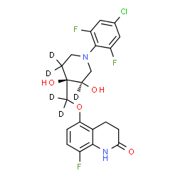 ChemSpider 2D Image | 5-({[(3R,4R)-1-(4-Chloro-2,6-difluorophenyl)-3,4-dihydroxy(3,5,5-~2~H_3_)-4-piperidinyl](~2~H_2_)methyl}oxy)-8-fluoro-3,4-dihydro-2(1H)-quinolinone | C21H15D5ClF3N2O4