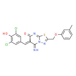 ChemSpider 2D Image | (6Z)-6-(3,5-Dichloro-4-hydroxybenzylidene)-5-imino-2-[(3-methylphenoxy)methyl]-5,6-dihydro-7H-[1,3,4]thiadiazolo[3,2-a]pyrimidin-7-one | C20H14Cl2N4O3S