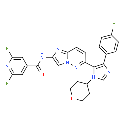ChemSpider 2D Image | 2,6-Difluoro-N-{6-[4-(4-fluorophenyl)-1-(tetrahydro-2H-pyran-4-yl)-1H-imidazol-5-yl]imidazo[1,2-b]pyridazin-2-yl}isonicotinamide | C26H20F3N7O2