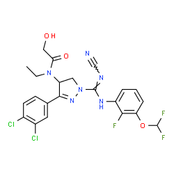ChemSpider 2D Image | N-[1-{N'-Cyano-N-[3-(difluoromethoxy)-2-fluorophenyl]carbamimidoyl}-3-(3,4-dichlorophenyl)-4,5-dihydro-1H-pyrazol-4-yl]-N-ethyl-2-hydroxyacetamide | C22H19Cl2F3N6O3