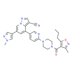 ChemSpider 2D Image | 4-(6-{4-[(3-Methyl-5-propyl-1,2-oxazol-4-yl)carbonyl]-1-piperazinyl}-3-pyridinyl)-6-(1-methyl-1H-pyrazol-4-yl)pyrazolo[1,5-a]pyridine-3-carbonitrile | C29H29N9O2