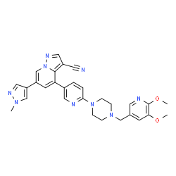 ChemSpider 2D Image | 4-(6-{4-[(5,6-Dimethoxy-3-pyridinyl)methyl]-1-piperazinyl}-3-pyridinyl)-6-(1-methyl-1H-pyrazol-4-yl)pyrazolo[1,5-a]pyridine-3-carbonitrile | C29H29N9O2