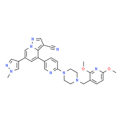 ChemSpider 2D Image | 4-(6-{4-[(2,6-Dimethoxy-3-pyridinyl)methyl]-1-piperazinyl}-3-pyridinyl)-6-(1-methyl-1H-pyrazol-4-yl)pyrazolo[1,5-a]pyridine-3-carbonitrile | C29H29N9O2