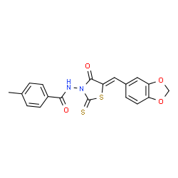 ChemSpider 2D Image | N-[(5Z)-5-(1,3-Benzodioxol-5-ylmethylene)-4-oxo-2-thioxo-1,3-thiazolidin-3-yl]-4-methylbenzamide | C19H14N2O4S2