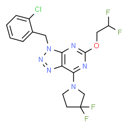 ChemSpider 2D Image | 3-(2-Chlorobenzyl)-5-(2,2-difluoroethoxy)-7-(3,3-difluoro-1-pyrrolidinyl)-3H-[1,2,3]triazolo[4,5-d]pyrimidine | C17H15ClF4N6O
