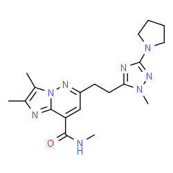 ChemSpider 2D Image | N,2,3-Trimethyl-6-{2-[1-methyl-3-(1-pyrrolidinyl)-1H-1,2,4-triazol-5-yl]ethyl}imidazo[1,2-b]pyridazine-8-carboxamide | C19H26N8O
