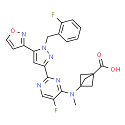 ChemSpider 2D Image | 3-[{5-Fluoro-2-[1-(2-fluorobenzyl)-5-(1,2-oxazol-3-yl)-1H-pyrazol-3-yl]-4-pyrimidinyl}(methyl)amino]bicyclo[1.1.1]pentane-1-carboxylic acid | C24H20F2N6O3
